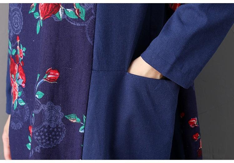 long sleeve cotton linen plus size vintage floral women casual loose spring autumn dress - Omychic