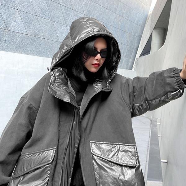 Winter New Fashion Women Big Pockets Contrast Color Hooded Collar Street Trendy - Omychic