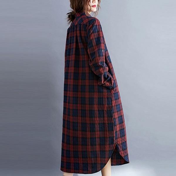 Vintage Plaid Turn-down Collar Loose Female Cotton Linen Long Dresses - Omychic