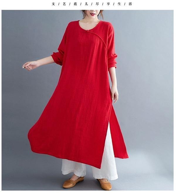 omychic plus size cotton linen vintage for women casual Split loose spring autumn dress - Omychic