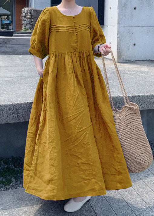 Yellow Patchwork Linen Dress O Neck Wrinkled Short Sleeve