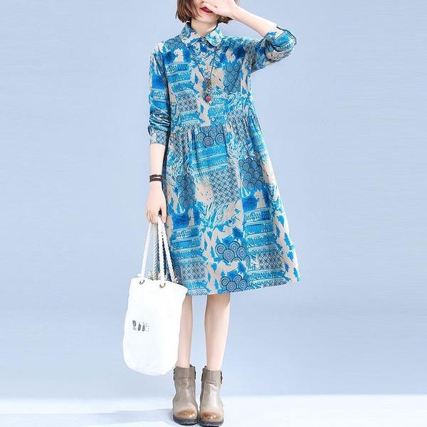 New 2020 Autumn Vintage Print Peter Pan Collar Knee-length Ladies Elegant A-line Dresses - Omychic