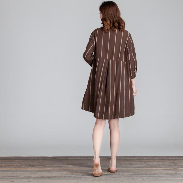 Cotton Women Splicing Casual Linen Loose Stripe Pocket Dress - Omychic