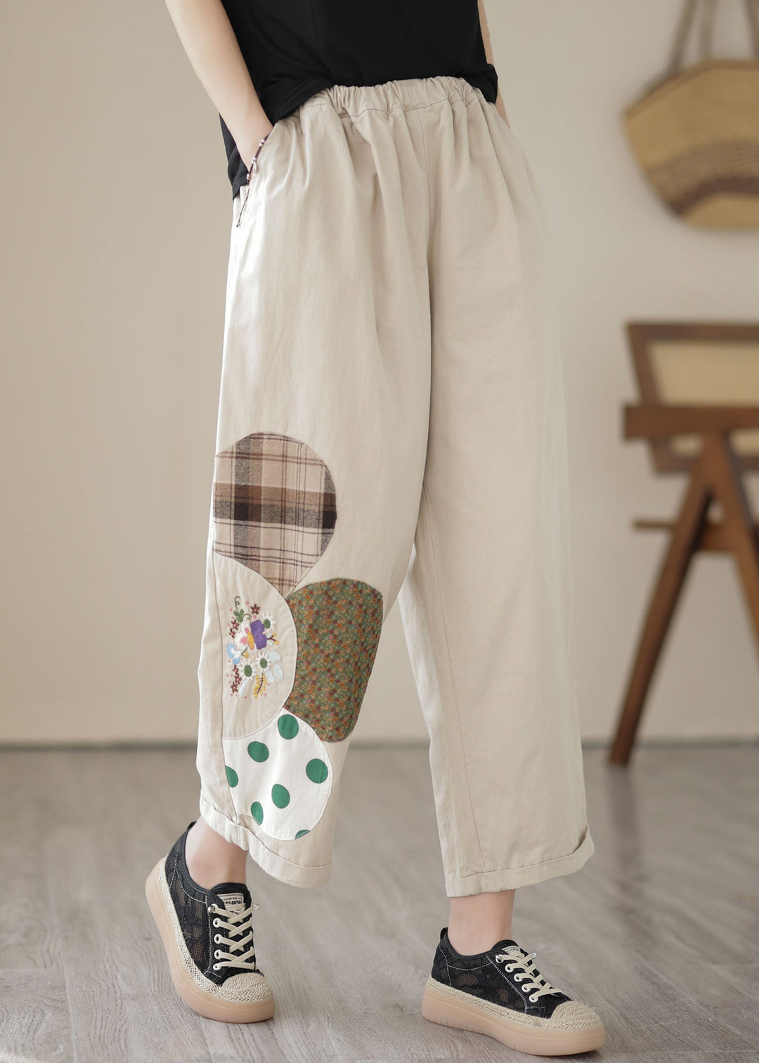 Apricot Pockets Patchwork Cotton Straight Crop Pants Embroidered Summer