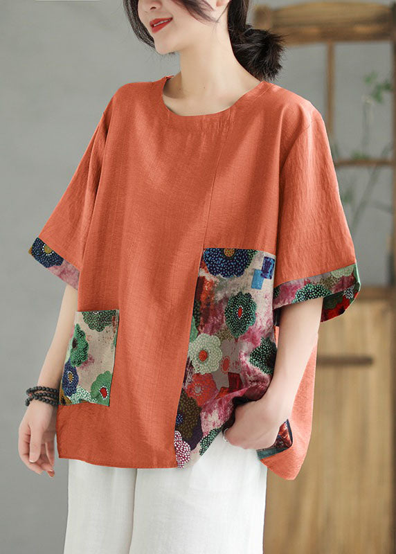 Women Orange O Neck Print Patchwork Linen T Shirt