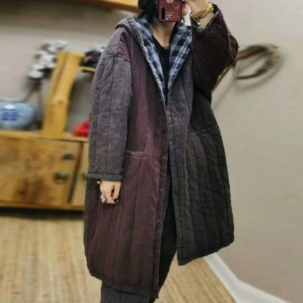 Retro Patchwork Hooded Warm Thick Cotton Parkas Plus Size All-match Women Long Coat - Omychic