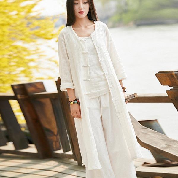 Style Women Solid Color Long Trench Coats  New Cotton Linen Vintage O-Neck Plate Buckle Coats - Omychic