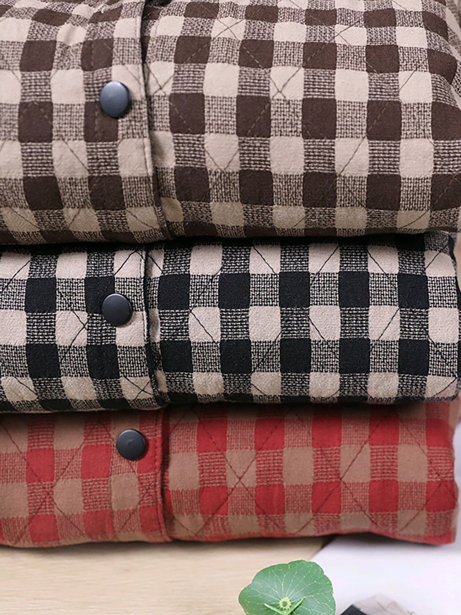 Loose Korean Style Plaid Hooded Colorblock Padded Coat