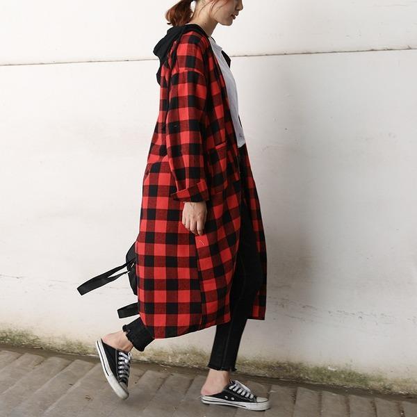 Autumn Single Breasted Hooded Casual Long Plaid Coat 2020 New Korean Long Sleeve Pockets - Omychic