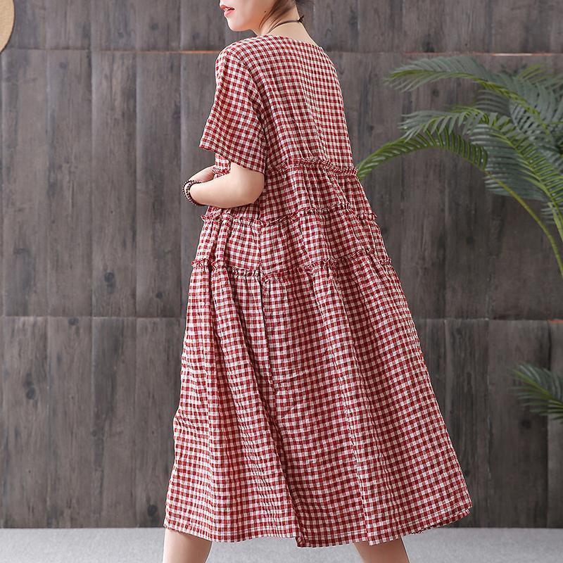 Cotton Linen Short Sleeve Plaid Dress - Omychic