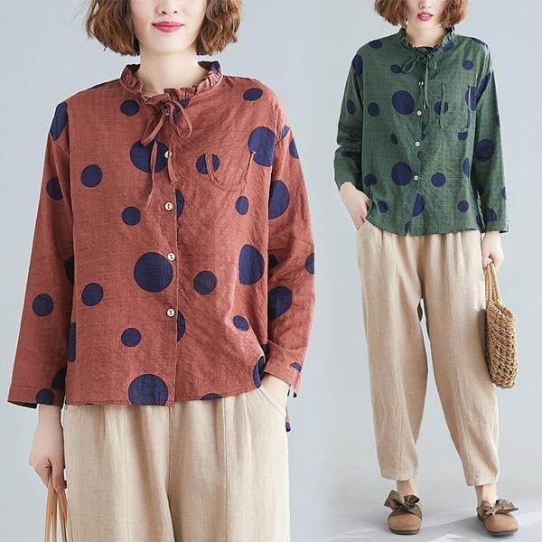 omychic cotton linen plus size vintage dot korean Casual loose spring shirt women blouse 2020 clothes ladies tops streetwear - Omychic
