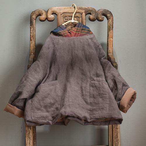 Women Linen Patchwork Hooded Coat Parkas Ladies Vintage Flax Tops Female 2020 Outerwear 2020 Autumn Winter - Omychic