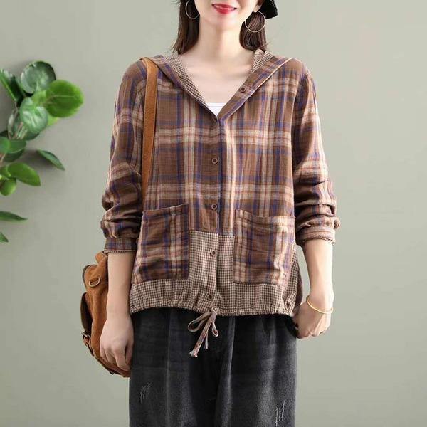 2020 Autumn Arts Style Vintage Plaid Loose Female Outerwear Coats - Omychic