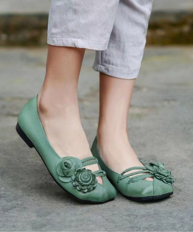 Soft Green Flower Cross Strap Leather Flat Shoes