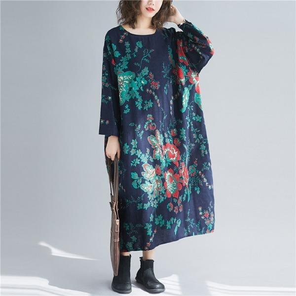 long sleeve cotton linen plus size Oversized vintage floral women casual loose autumn elegant dress clothes - Omychic