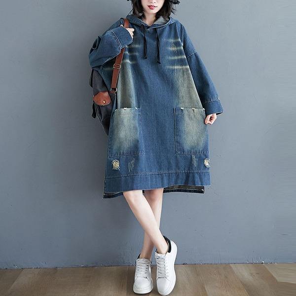 Winter Korean Vintage Style Loose Female Knee-length Jean Dresses - Omychic