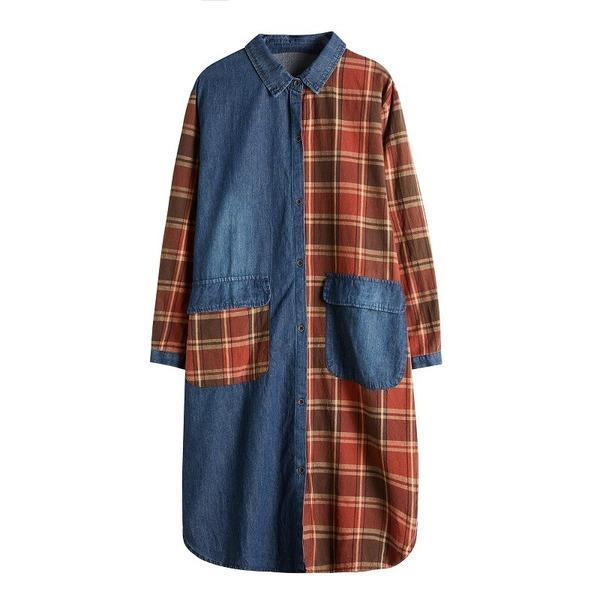 long sleeve plus size cotton denim vintage plaid women casual loose midi autumn shirt dress - Omychic