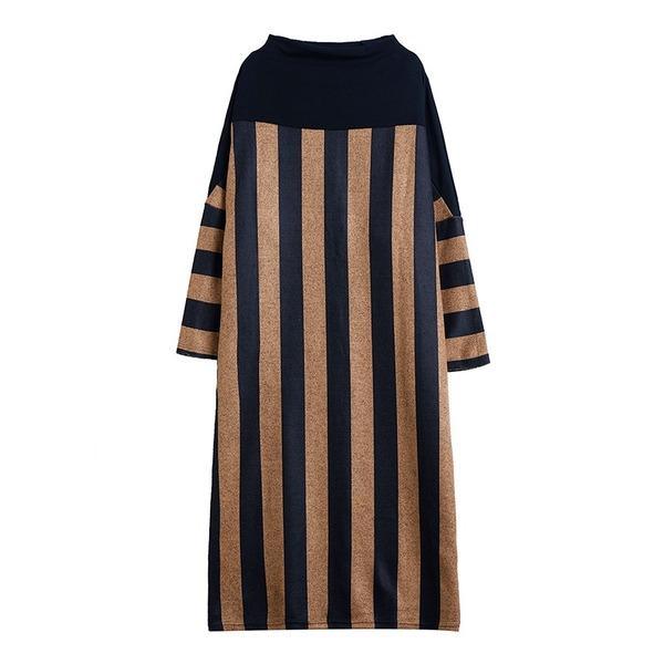 long sleeve plus size cotton wool vintage stripe for women casual loose autumn winter dress - Omychic