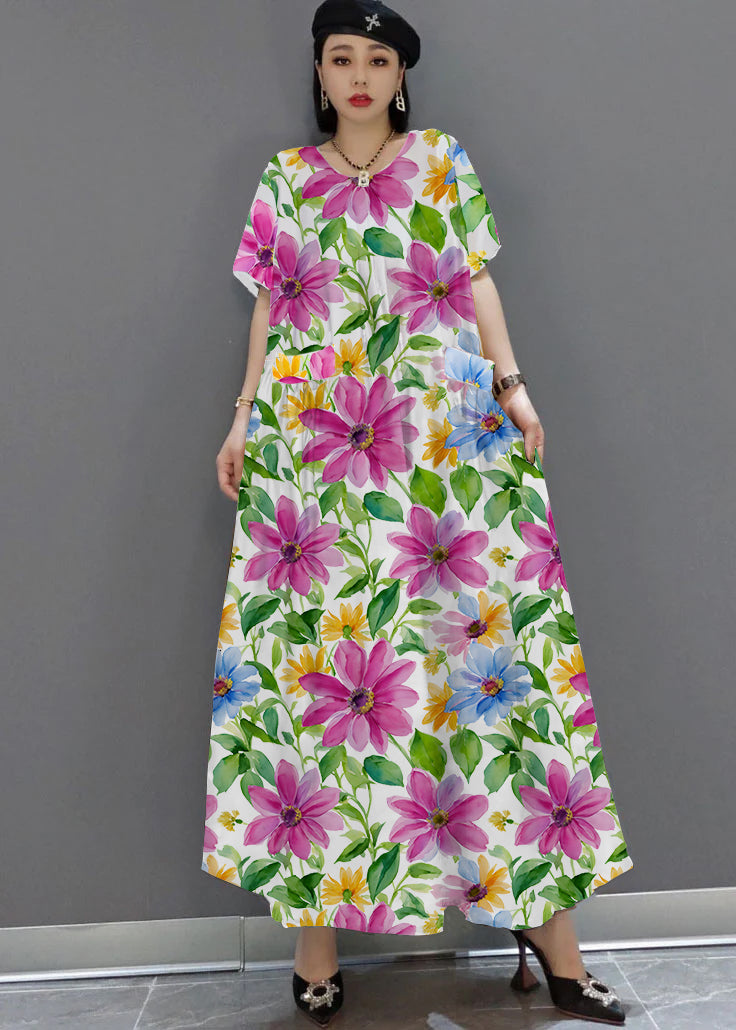 loose white -flower O-Neck Print Satin Maxi Dress Summer