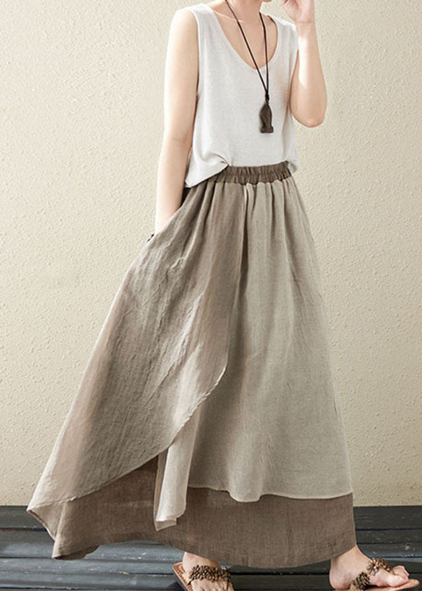 Vintage Khaki Pockets Asymmetrical Design Patchwork Linen Skirt