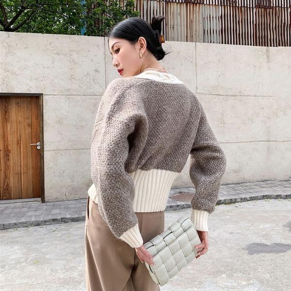 Knitting Sweater Open Stitch Winter Fashion The New Splicing V Neck Collar Short Top Coat - Omychic