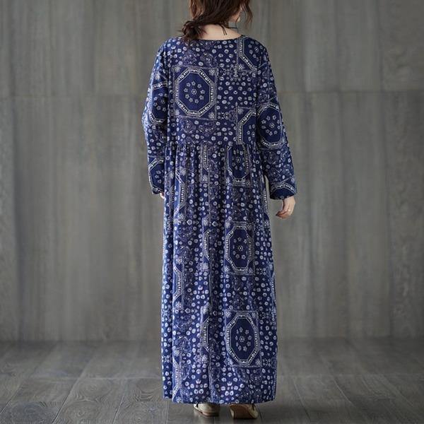 omychic cotton linen plus size vintage floral for women casual loose long autumn dress - Omychic