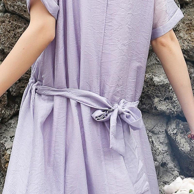 Women Short Sleeve Purple Lacing Lining Dress - Omychic