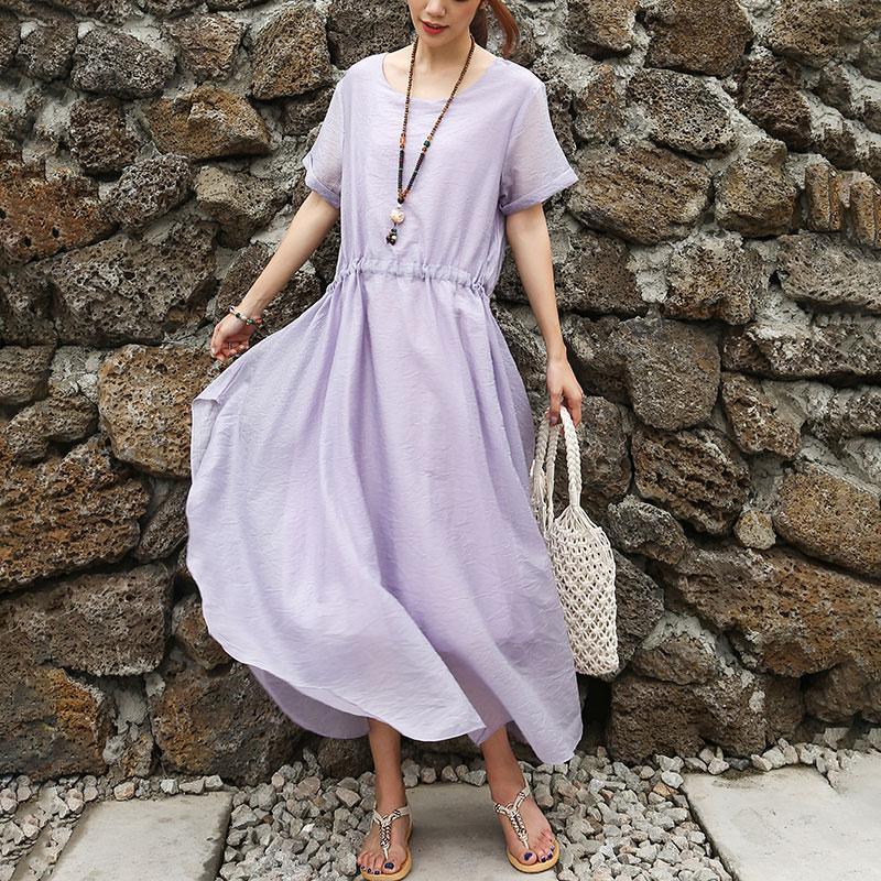 Women Short Sleeve Purple Lacing Lining Dress - Omychic