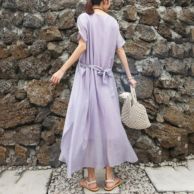 Women Short Sleeve Purple Lacing Lining Dress - Omychic