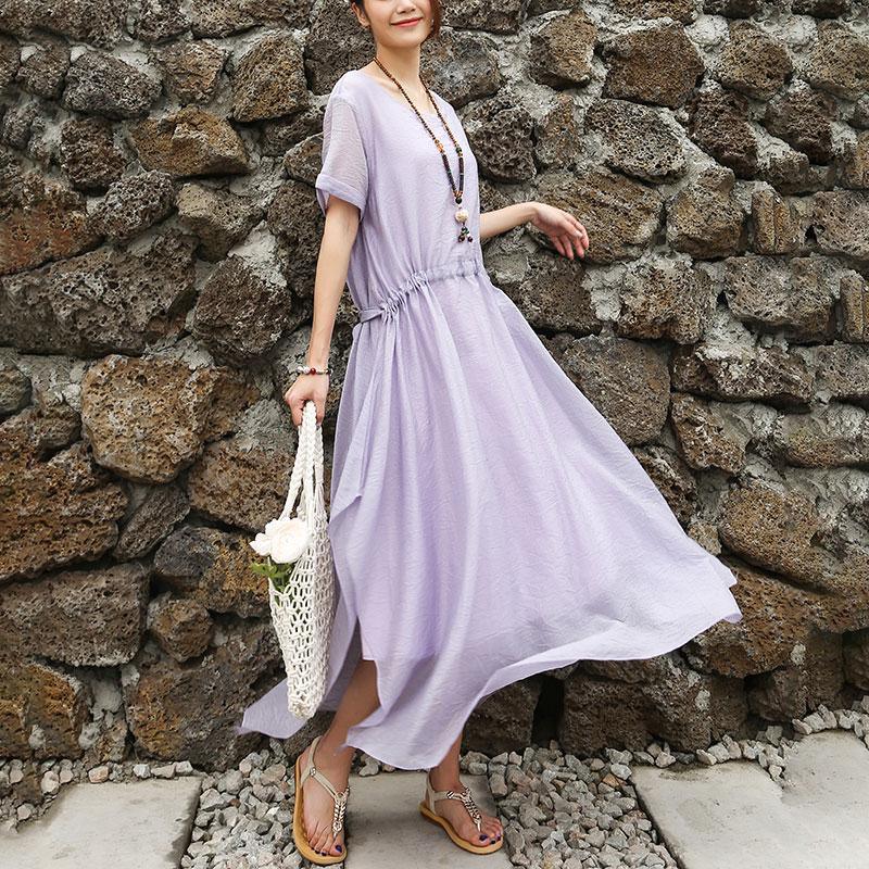 Women Short Sleeve Purple Lacing Lining Dress - Omychic