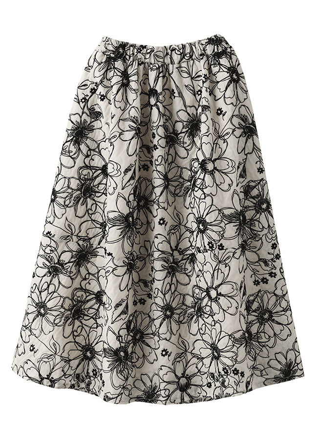 Women Beige Wrinkled Embroideried Linen Skirt Summer