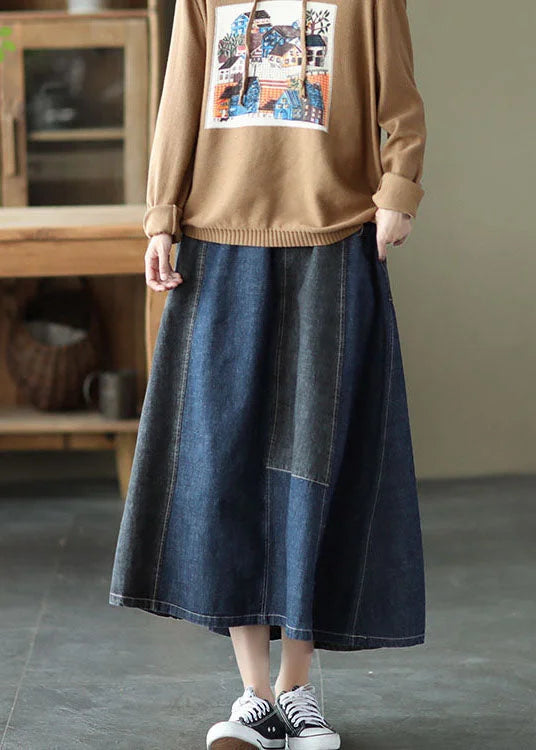 Dark Blue Denim Skirt Elastic Waist Button