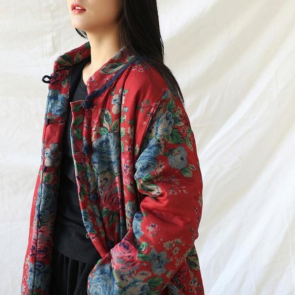Women Red Print Floral Vintage Parkas Linen Pockets 2020 Winter New Chinese Style Parkas - Omychic
