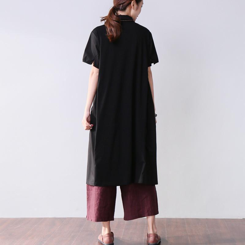 Folded Women Splicing Summer Loose Cotton Black Shirt Dress - Omychic