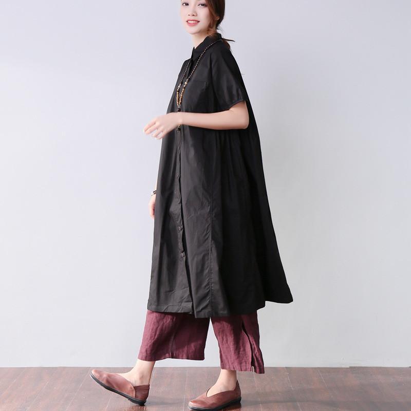 Folded Women Splicing Summer Loose Cotton Black Shirt Dress - Omychic