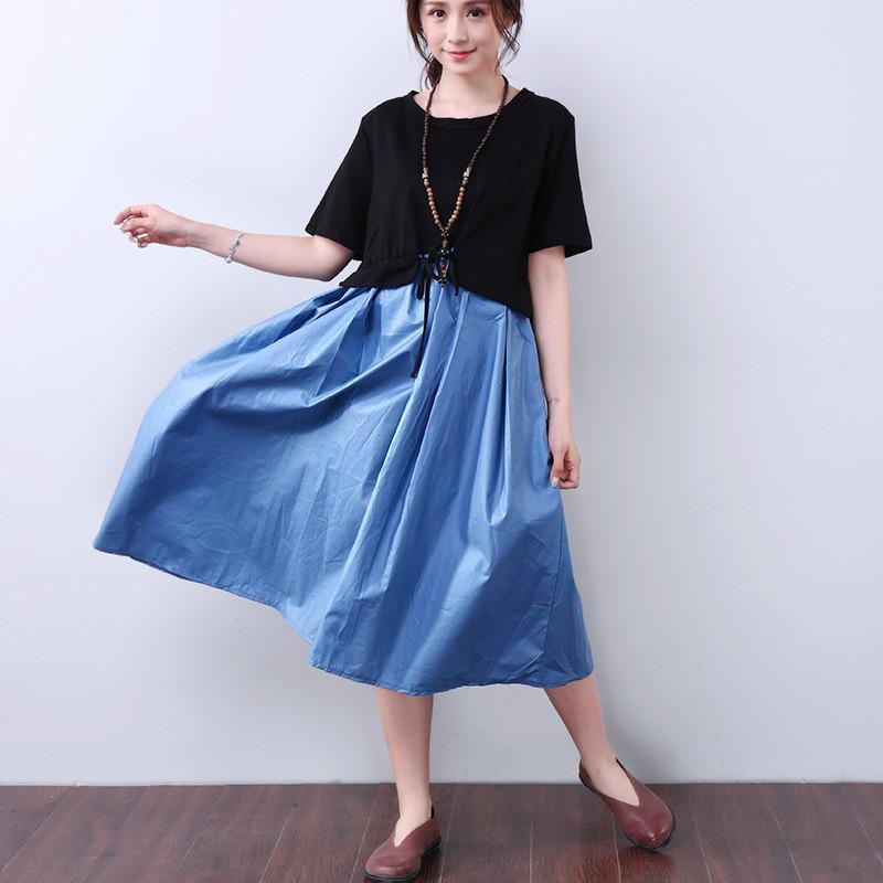 Splicing Lacing Casual Loose Short Sleeves Blue Dress - Omychic