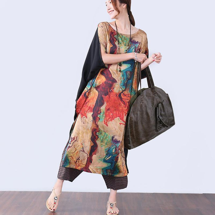 Irregular Slit Printing Elbow Sleeves Women Coffee Dress - Omychic