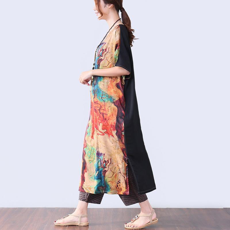 Irregular Slit Printing Elbow Sleeves Women Coffee Dress - Omychic