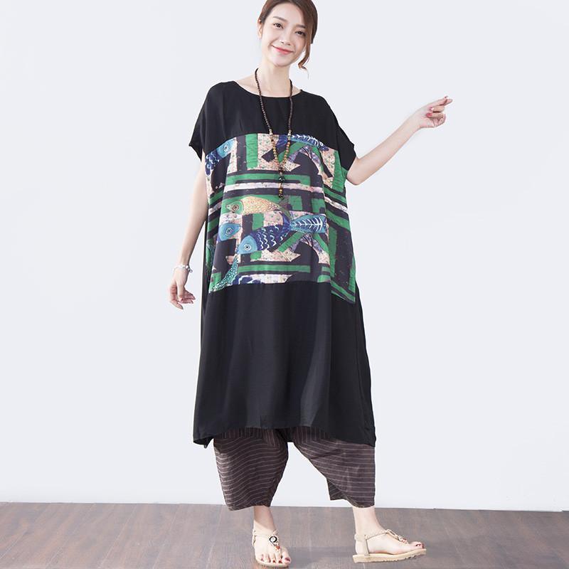 Women Casual Printing Loose Short Sleeve Dress - Omychic