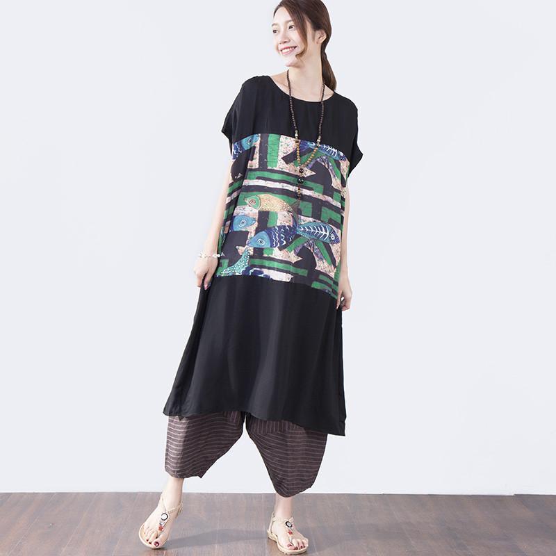 Women Casual Printing Loose Short Sleeve Dress - Omychic