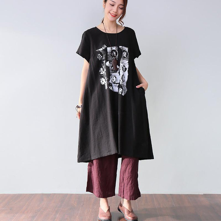 Simple Printing Pocket Short Sleeves Black Dress - Omychic