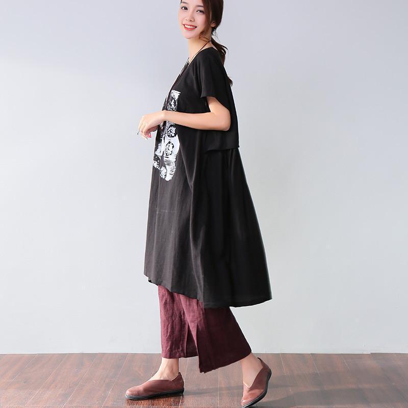 Simple Printing Pocket Short Sleeves Black Dress - Omychic