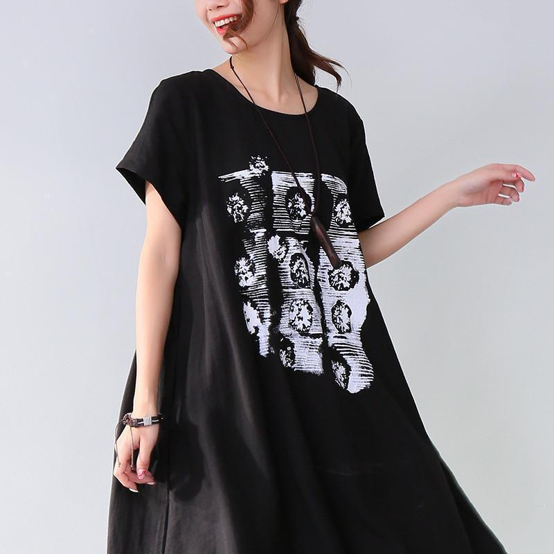 Simple Printing Pocket Short Sleeves Black Dress - Omychic