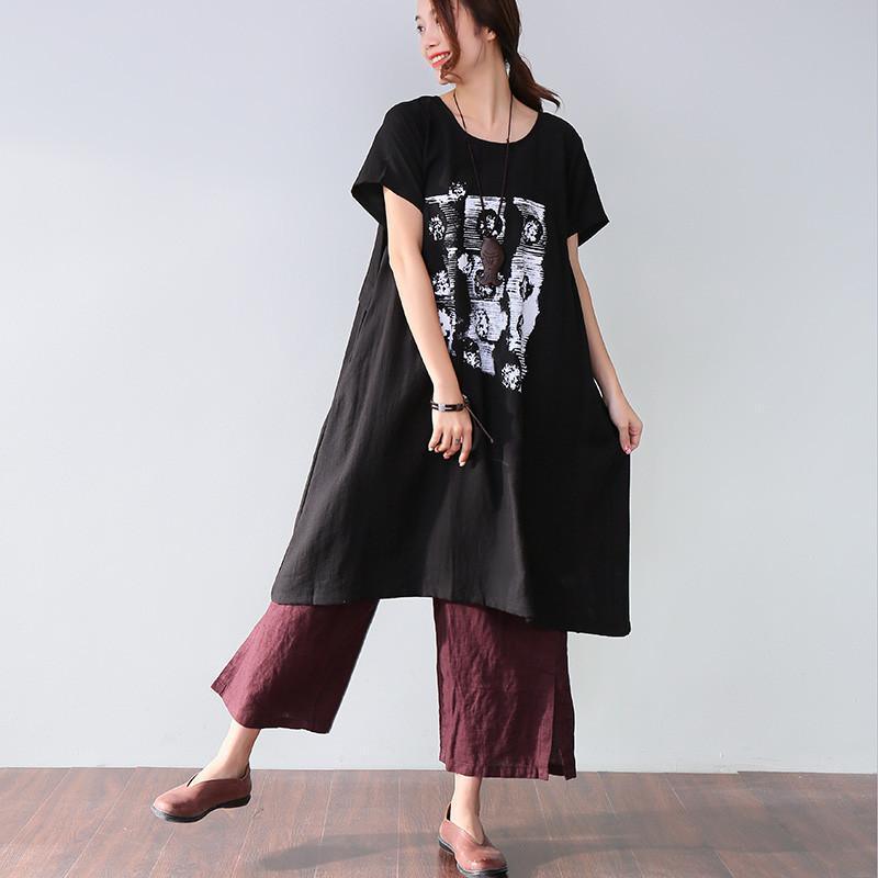 Simple Printing Pocket Short Sleeves Black Dress - Omychic