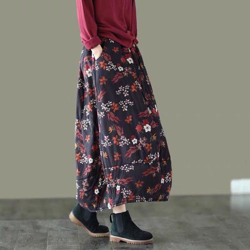 Women Loose Autumn Winter Padded Skirts Ladies Printed Cotton Linen Print Elastic Waist Skirts Female Vintage Skirt 2020 - Omychic