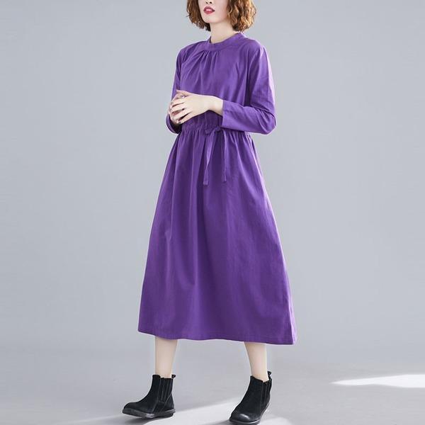 2020 Autumn Vintage Stand Collar Solid Color Loose Ladies Elegant A-line Dresses - Omychic