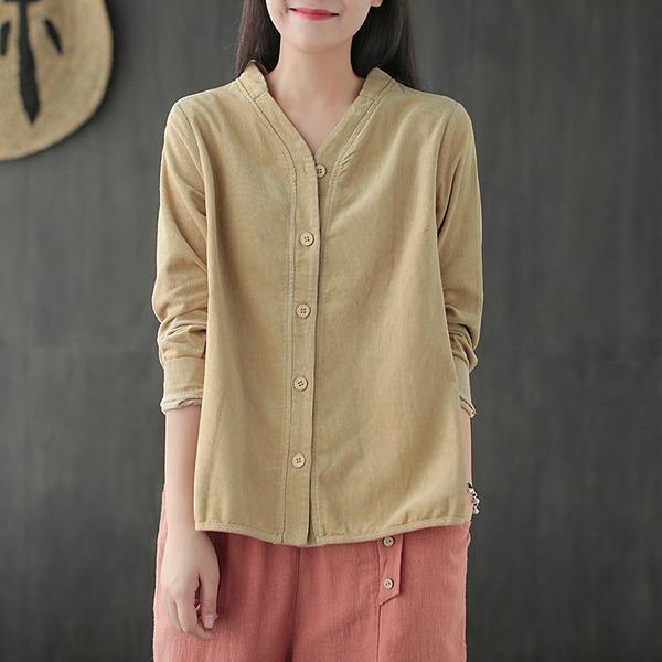 V-neck Single Breasted Long Sleeve Corduroy Coats Simple Comfortable All-match Women Coat - Omychic