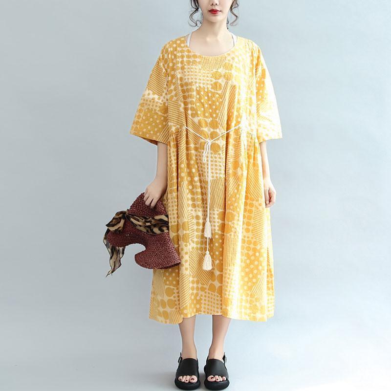 Round Neck Printing Lacing Summer Women Yellow Dress - Omychic