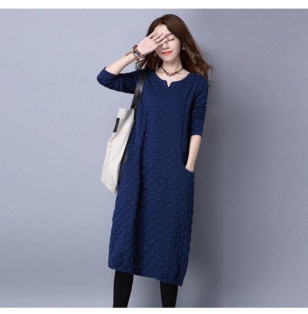 omychic plus size cotton vintage for women casual loose autumn winter dress - Omychic