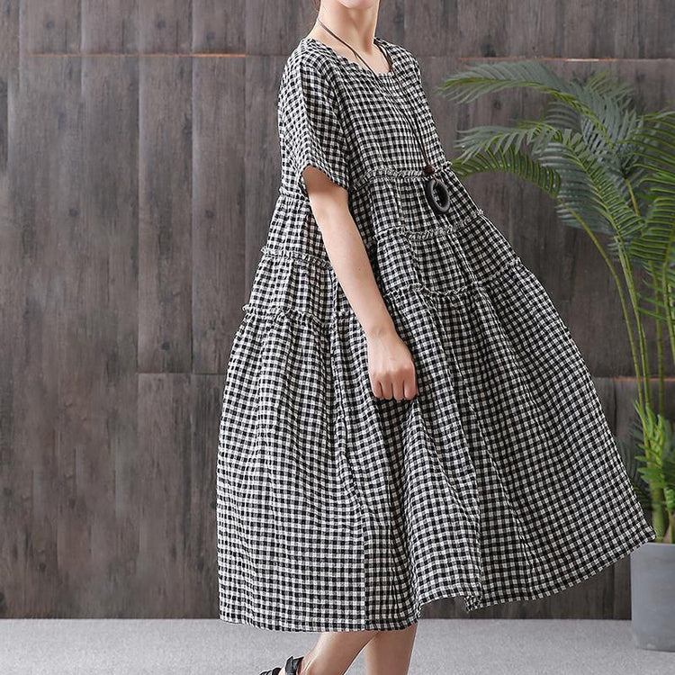 Cotton Linen Short Sleeve Plaid Dress - Omychic